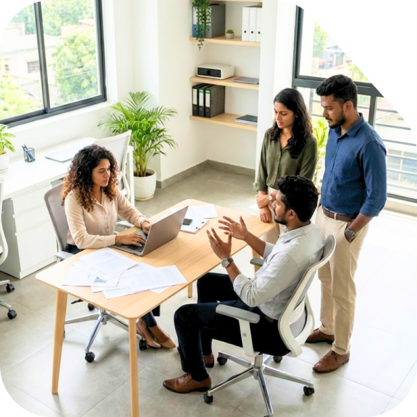 A diverse team of Young Sri Lankan Modern professionals collaborating in a bright, modern office with large windows and natural daylight. Four coworkers gather around a shared workspace one person (3)